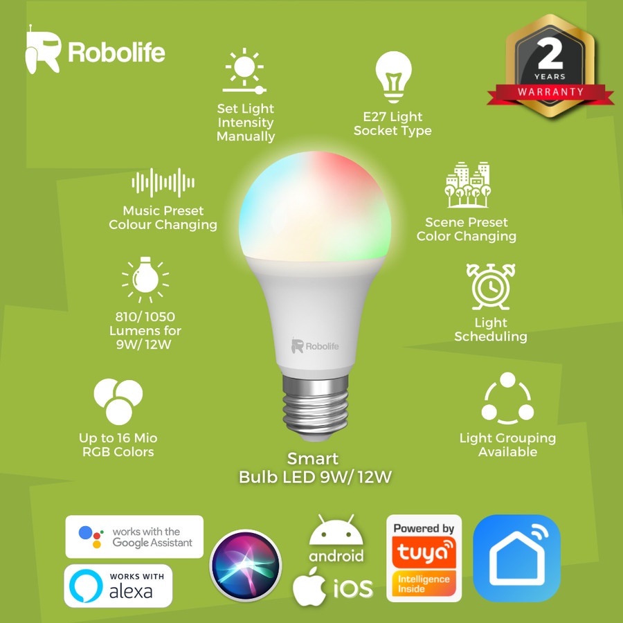 Robolife Smart LED Bulb 12W RGB+CCT+Dimming Lampu Pintar LED