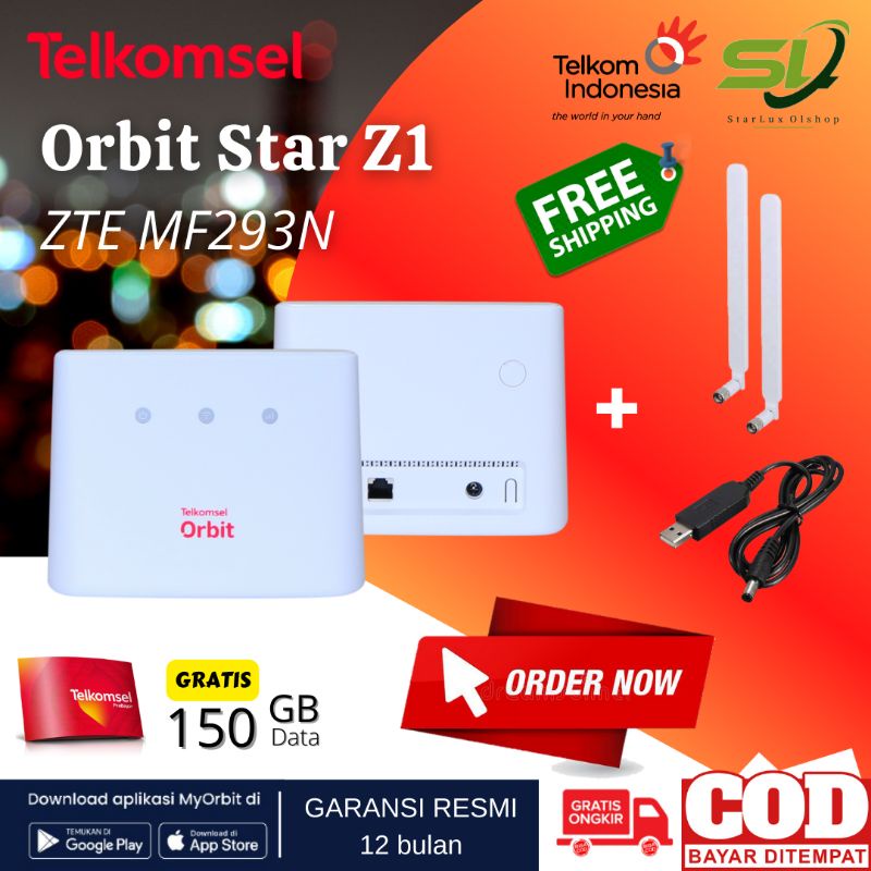 MODEM WIFI ZTE 4G TELKOMSEL ORBIT STAR Z1 MF293N + 2PCS ANTENA + KABEL POWERBANK TO MODEM 12V | UNLO
