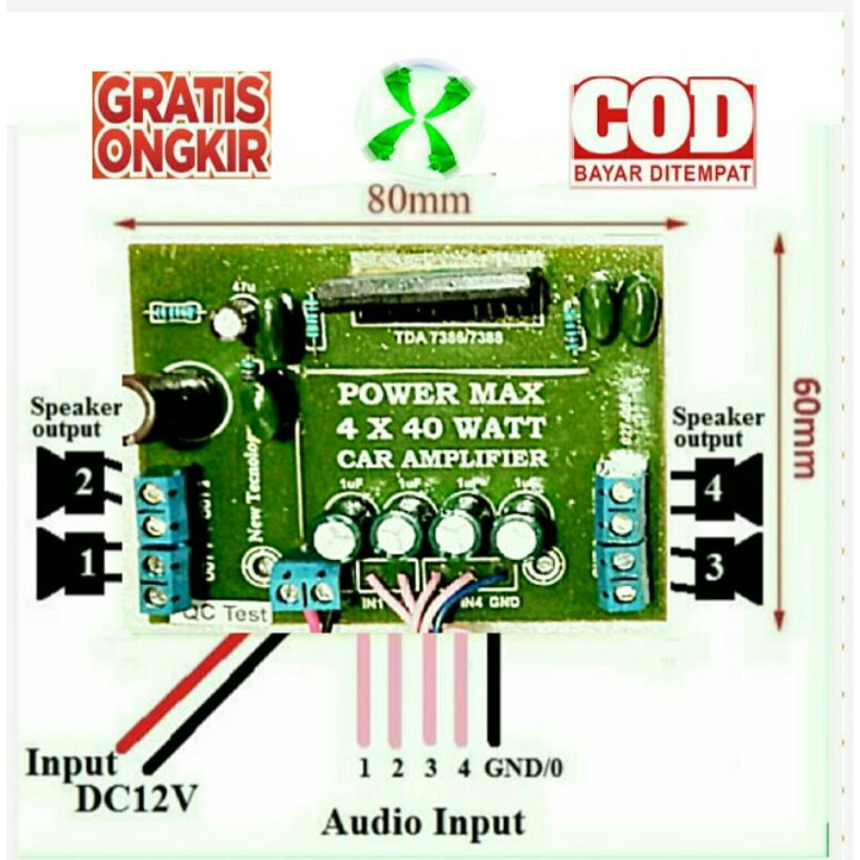 Kit Modul PCB Power Amplifier IC Toshiba BTL Stereo 4 Channel lengkap Heatsink Sirip