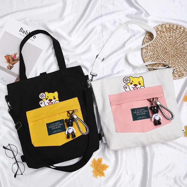 Tas Tote Bag Wanita Kanvas Tebal 3in1 Kucing Cat Lidya Resleting Cewek Sekolah Kuliah Korea Fashion Murah Grosir COD TOKO92