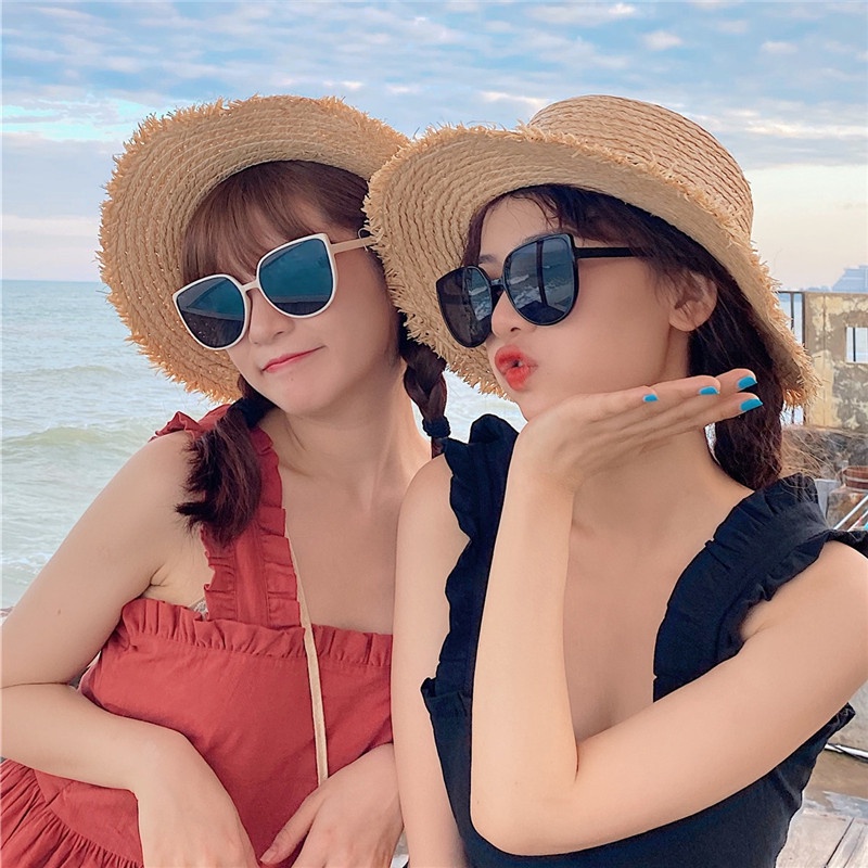 (YUZHU) INS Style Personality Cat Eye Sunglasses Milk Tea Color Sunglasses Oversized Frame UV Protection Sunglasses Women