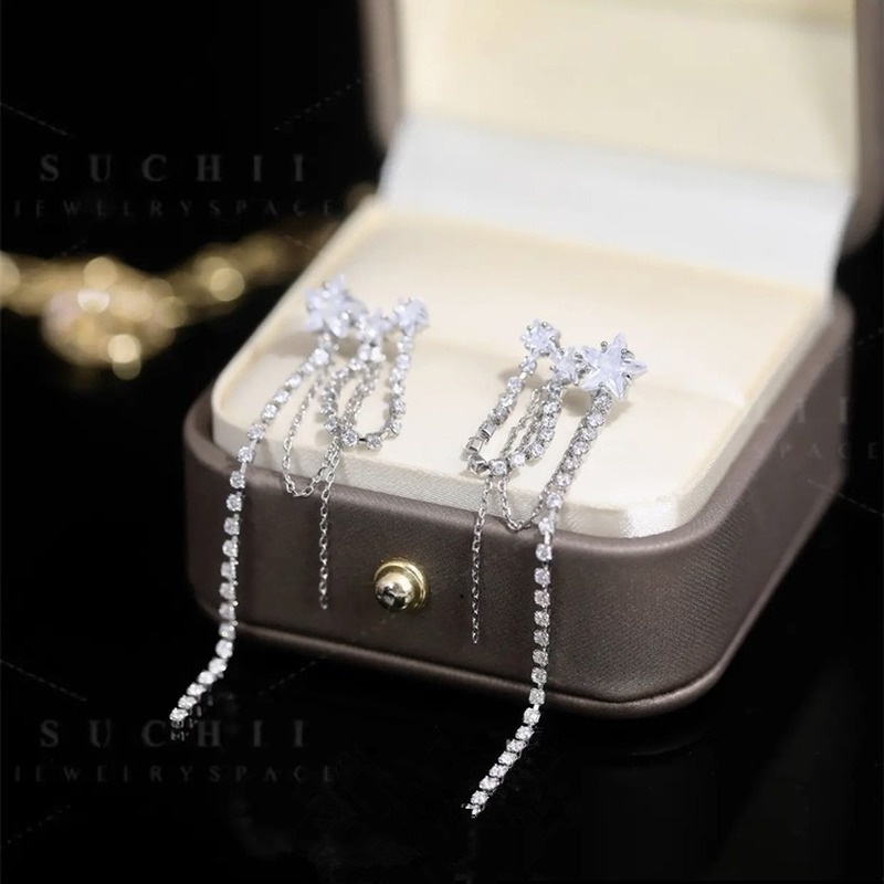 Anting Rumbai Panjang Desain Bintang Bahan Silver Needle Zirkon Untuk Wanita