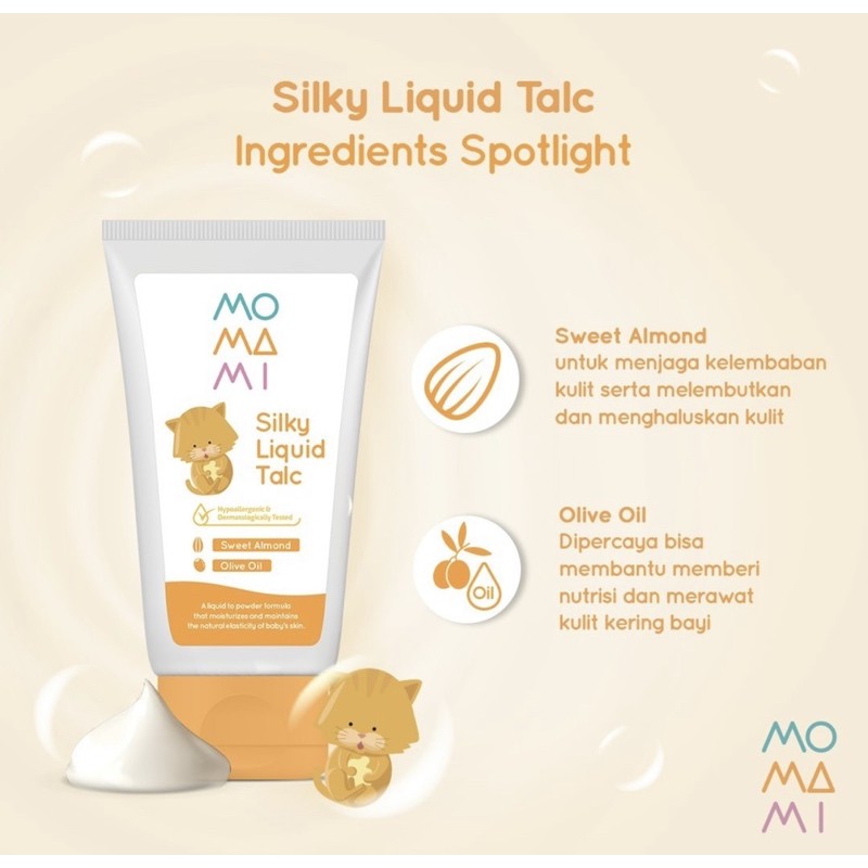 Momami Silky Liquid Talc merupakan Bedak bayi cair/liquid