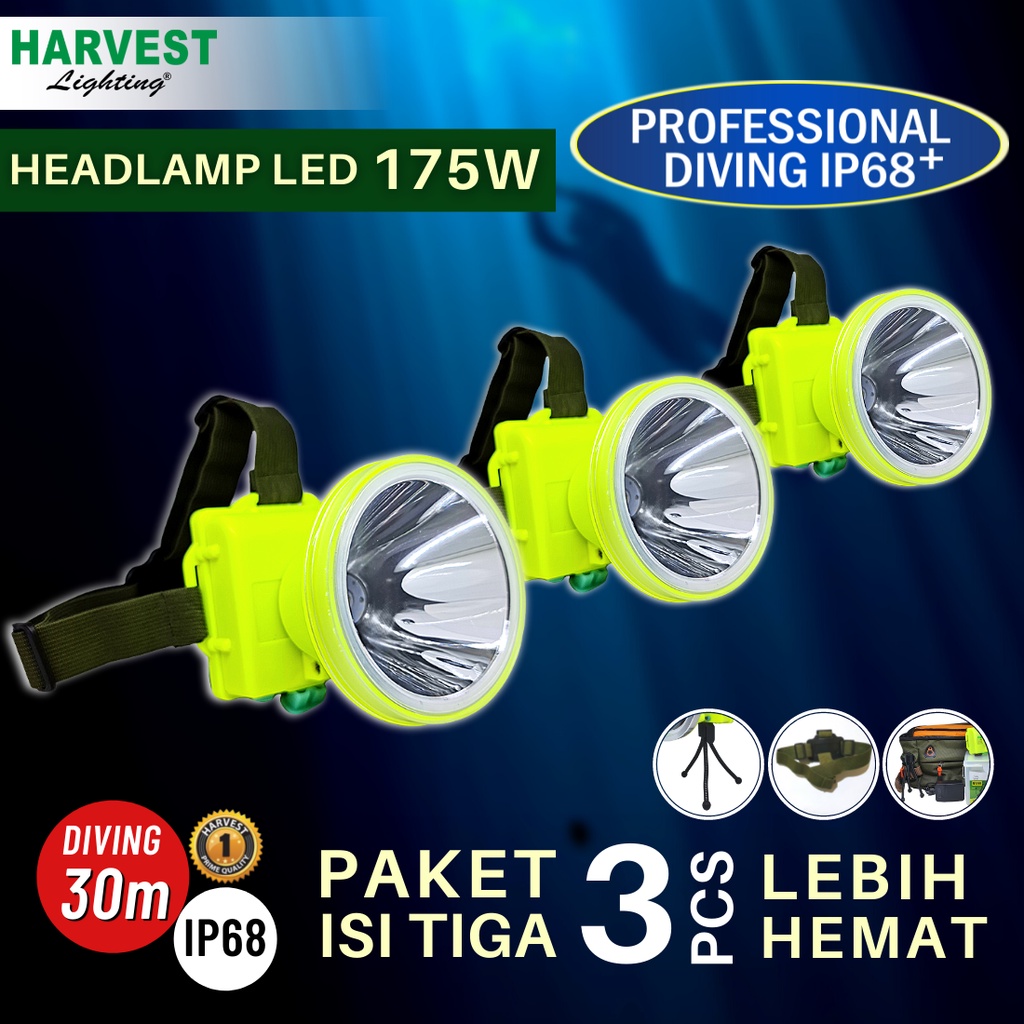 175W - Headlamp Diving PAKET ISI 3 - HARVEST LIGHTING Senter Kepala Selam LED Professional Diving IP68 8400 MAH Lampu Emergency Selam Spearfishing Travel Hunting Rechargeable  Original Bergaransi