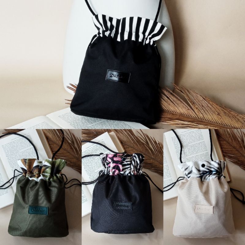 Tas Sling Bag Mini Serut Selempang Kanvas Anti Air Korean Bag Tas Kerut Wanita OOTD