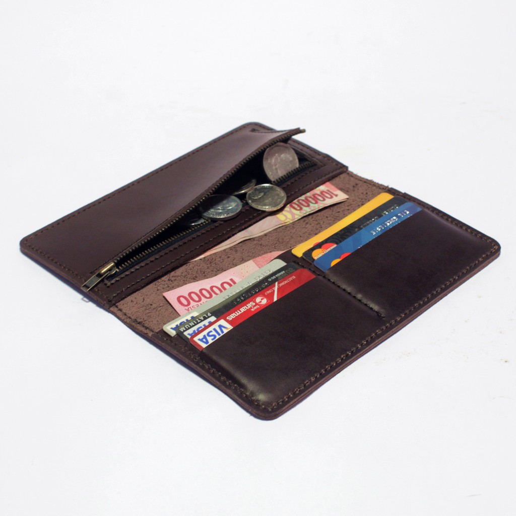 dompet cewek model panjang -saku zipper kulit sapi asli coklat PHWL705