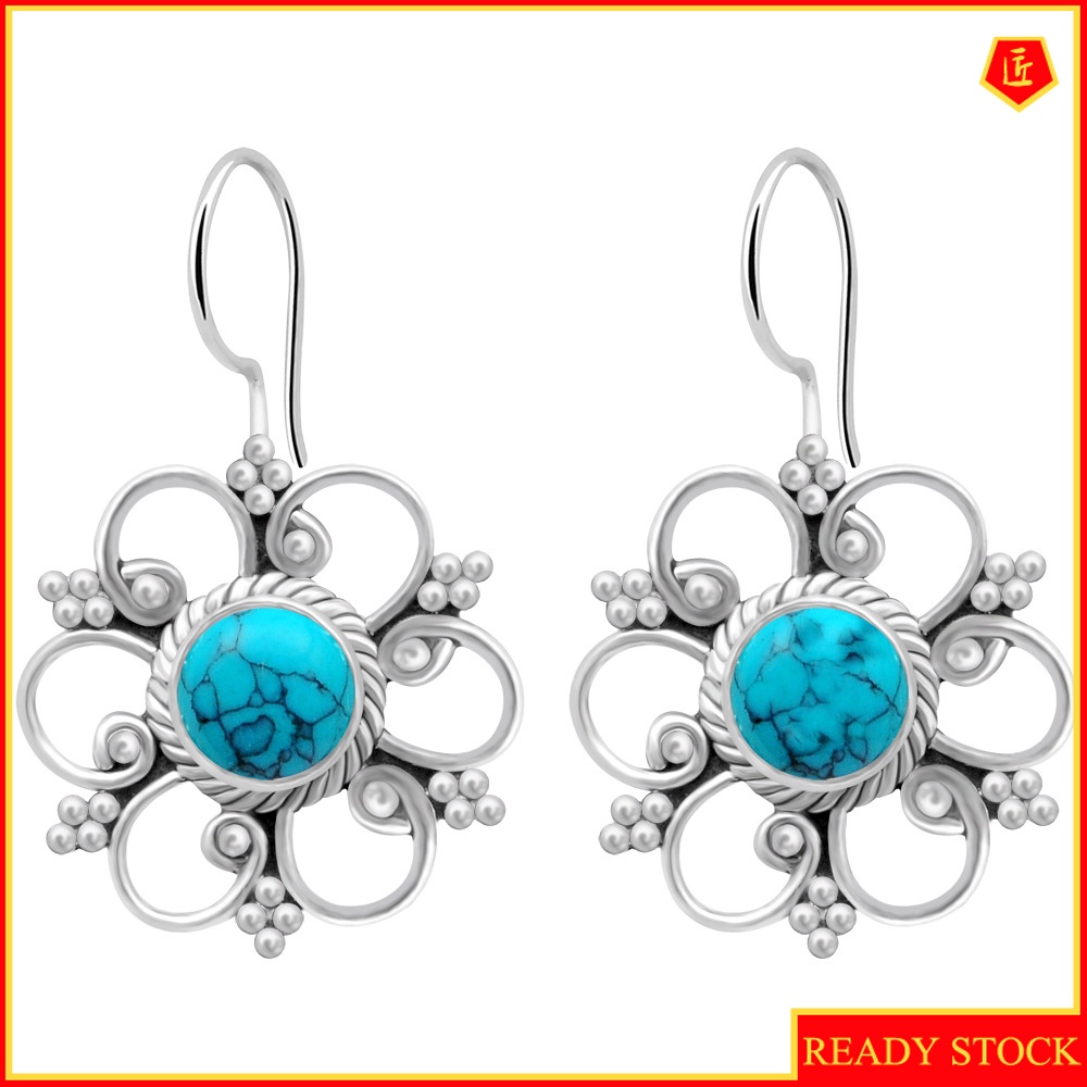 [Ready Stock]Vintage Inlaid Turquoise Flower Earrings