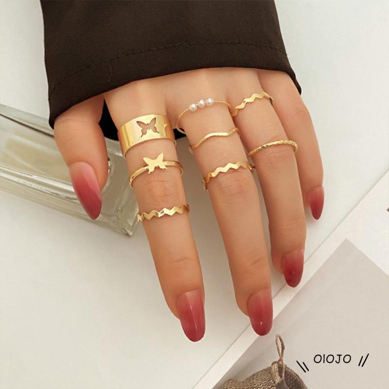 8pcs Cincin Terbuka Adjustable Desain Kupu-Kupu Hollow Out Untuk Wanita - ol2