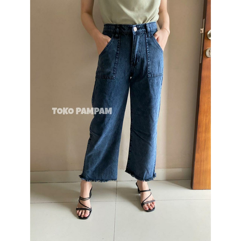 Kulot boyfriend jeans snow black / snow hitam highwaist rumbai bawah kantong depan