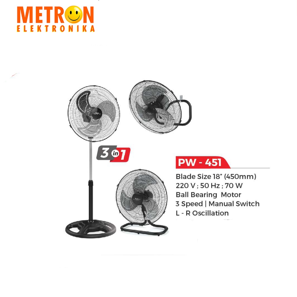 MASPION PW 451 STAND WALL DESK POWER FAN 18 IN / KIPAS ANGIN / PW451
