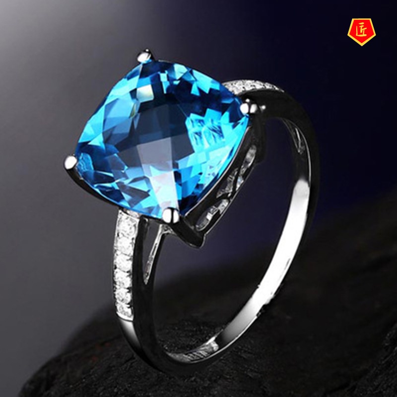 [Ready Stock]Women's Fashionable Simple High-End Blue Topaz Open Ring