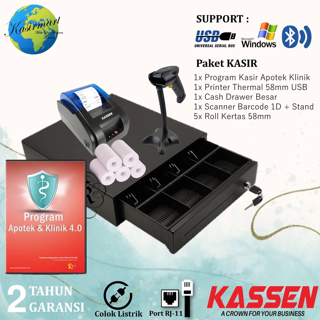 Paket Kasir Apotek Klinik Minimarket Swalayan Bengkel - Printer Thermal USB 58mm - Cash Drawer Laci Uang 4 Slot CD320 - Scanner Barcode 1D Plus Stand