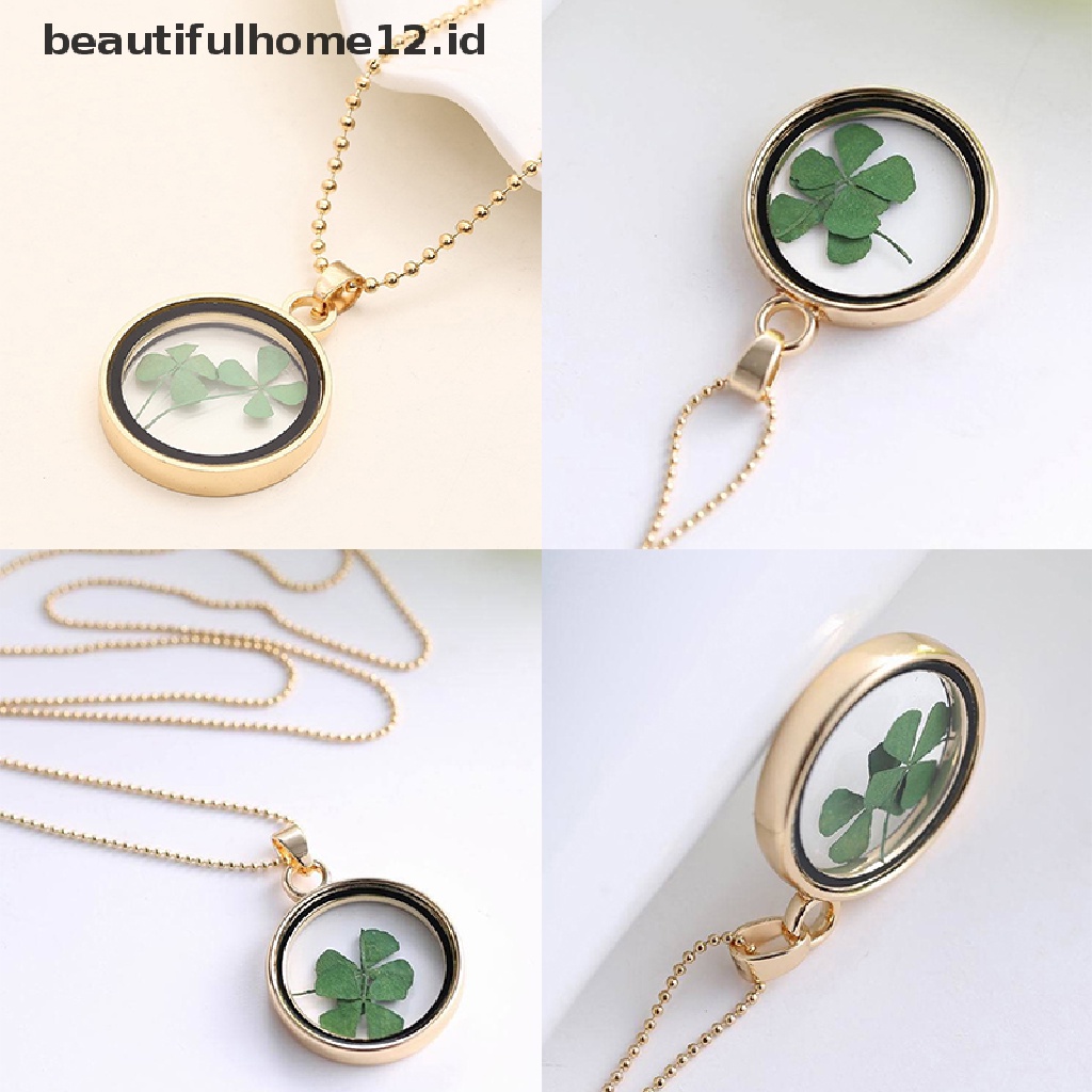 【beautifulhome12.id】 Natural Real Dried Clover Flower Clear Resin Locket Pendant Necklace Four-Leaf .