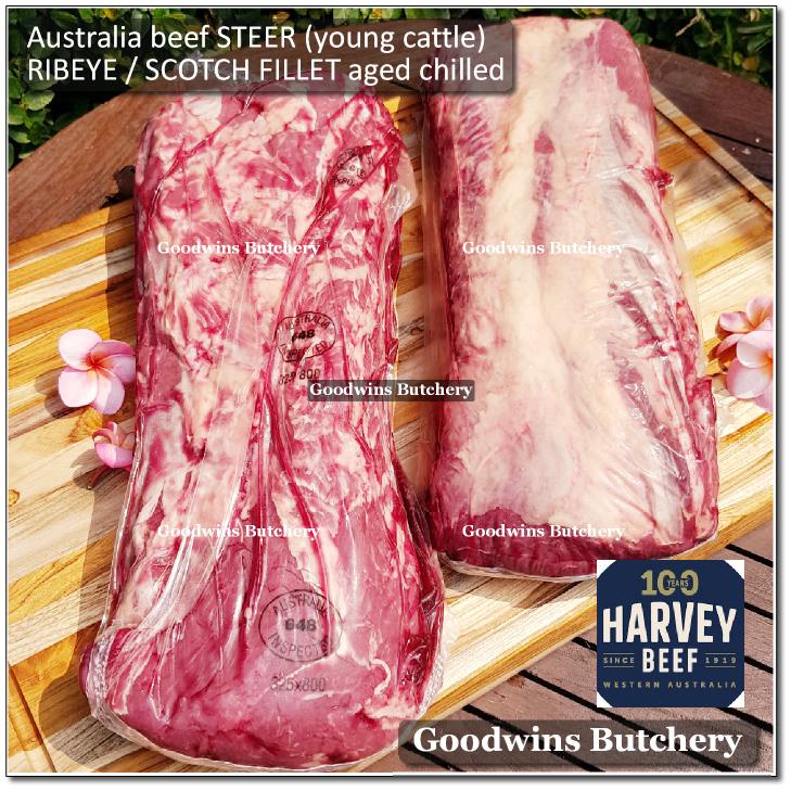 

4.5kg 1pc Beef Cuberoll / Scotch Fillet / Ribeye Australia STEER (young cattle) aged chilled whole cut HARVEY