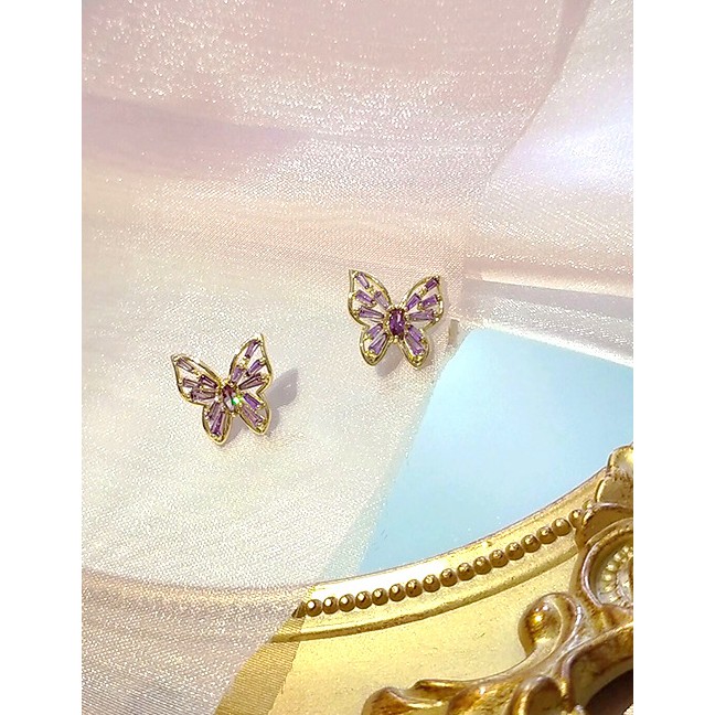 LRC Anting Tusuk Fashion Purple Transparent Crystal Butterfly Alloy Earrings K49011