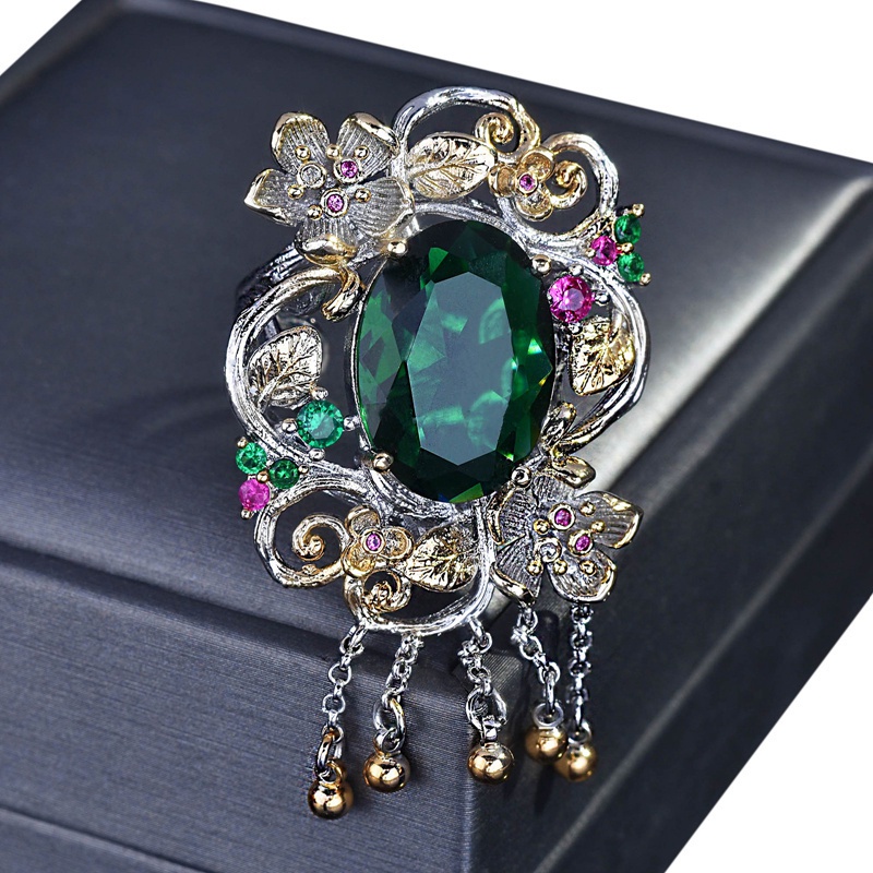 Fancyqube Classic Flower Adjustable Rings Inlay Green Oval AAA Cubic Zirconia Vintage Tassels Geometry Women Wedding Engagement Jewelry