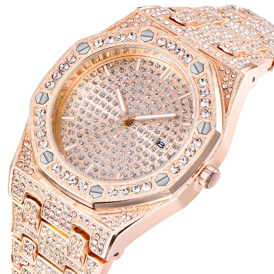 Jam Tangan Bling Fully Rhinestone Tanggal Aktif Watches Hip-hop Quartz Iced Out Diamond Bling-bling 