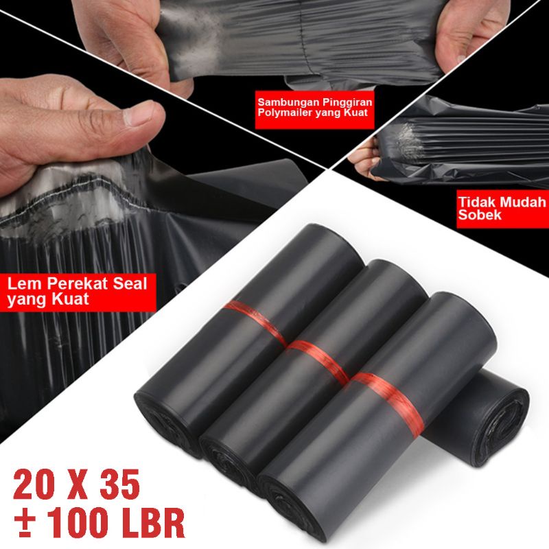 Polymailer 20x35 Plastik Paking Olshop Sudah Ada Lem Warna Hitam