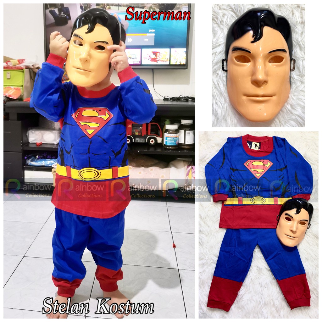 SETELAN ANAK KOSTUM (SABLON) + TOPENG SUPERHERO SUPERMAN