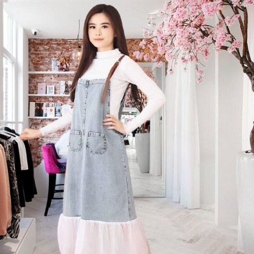 ROK JEANS GAYA WANITA KOREA ROK ABG DEWASA OVERALL JEANS IMPORT KOMBINASI CORAK MIDI ROK KODO MURAH