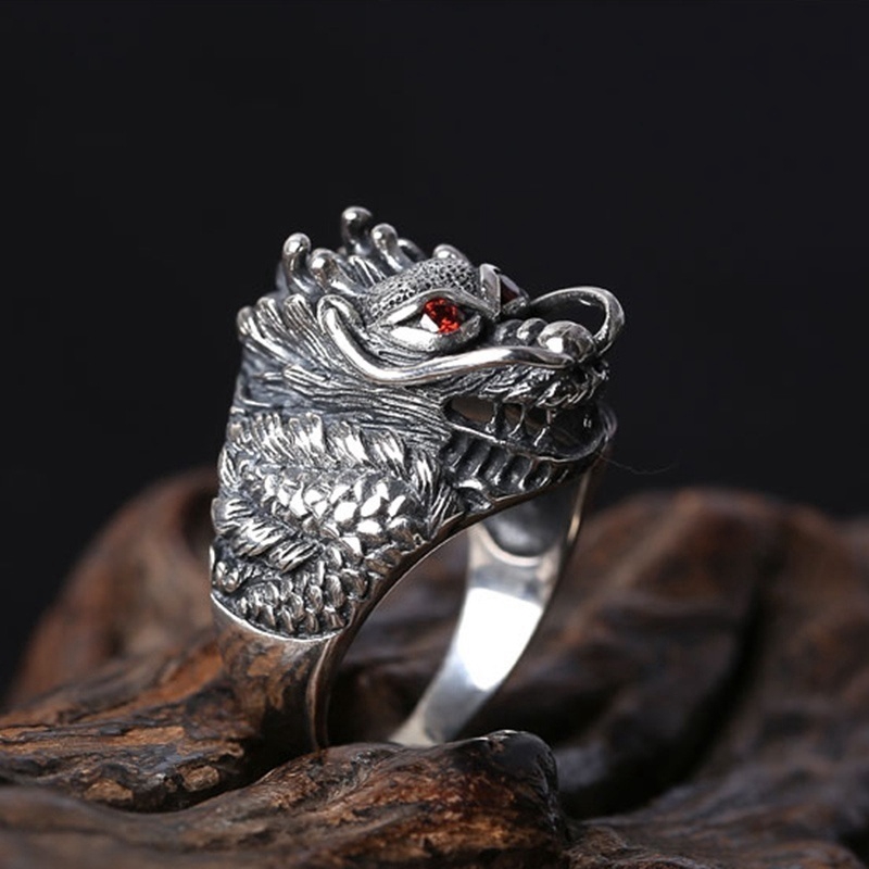 Cincin Desain Naga Raja Cina Warna Silver Gaya Punk Untuk Pria Dan Wanita