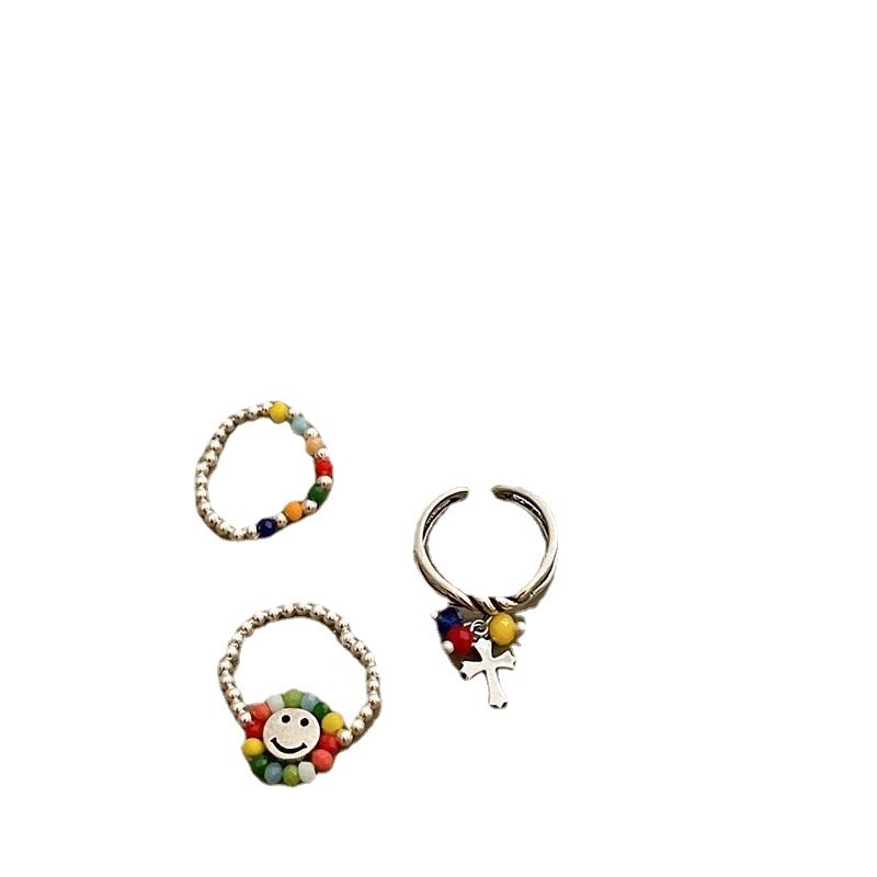 Cincin Silver Hias Liontin Salib Manik-Manik Smiley Warna-Warni Gaya Korea