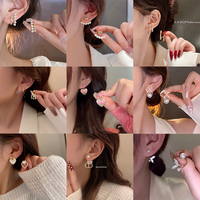 YEEZII Set Anting Stud Hias Liontin Bunga Hati Kristal Mutiara Warna-Warni Untuk Wanita