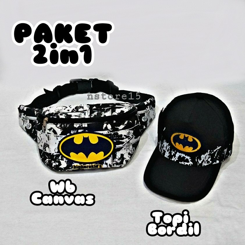 Waist bag anak laki laki, Wesbag Anak Laki Laki Motif Superhero Batman dan Topi Anak Laki Laki 2in1