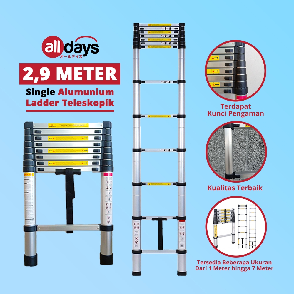 Alldays Tangga Lipat Teleskopik Single 2,9 METER Alumunium Ladder Bahan Kuat, Praktis, Simple