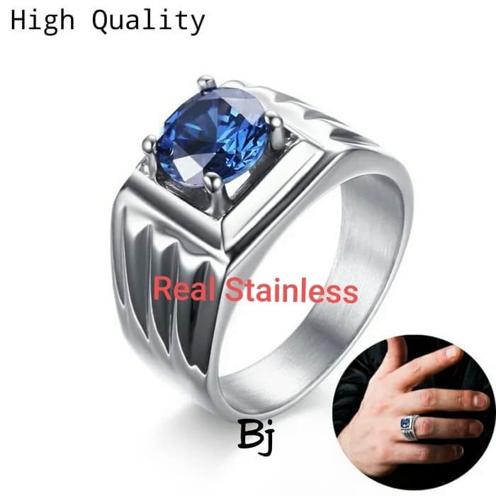 Cincin Titanium Pria Blue Safir Cubic Zirconia AAA 316L - Biru, 7