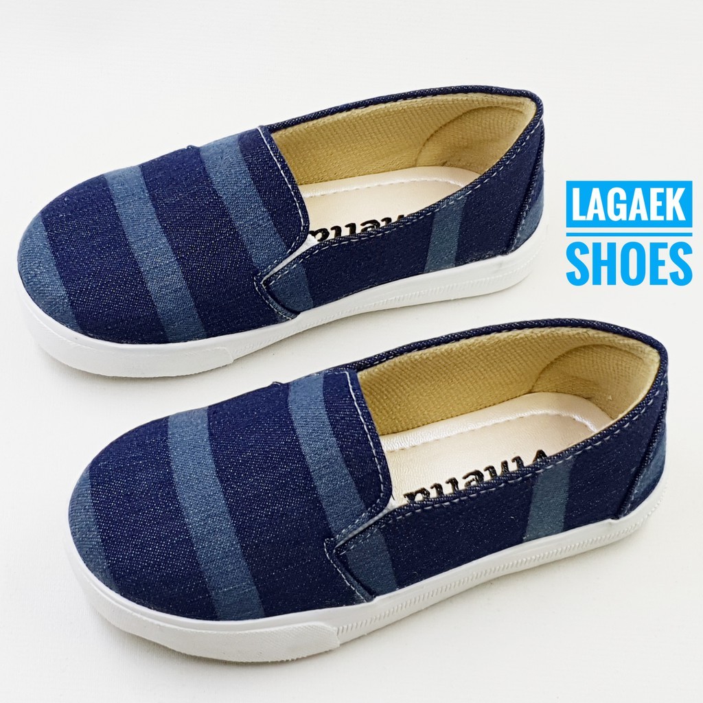 Sepatu Anak Perempuan Usia 1 2 Tahun Jeans Salur Navy - Sepatu Anak Cewek Keren Denim Alas Karet Anti Licin