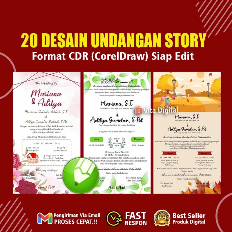 20 Template Undangan Pernikahan Story Singlepage Format CDR Editable