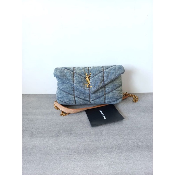 TAS WANITA SELEMPANG SAINT LAURENT YSL PUFFER BAG IN QUILTED DENIM AND SUEDE