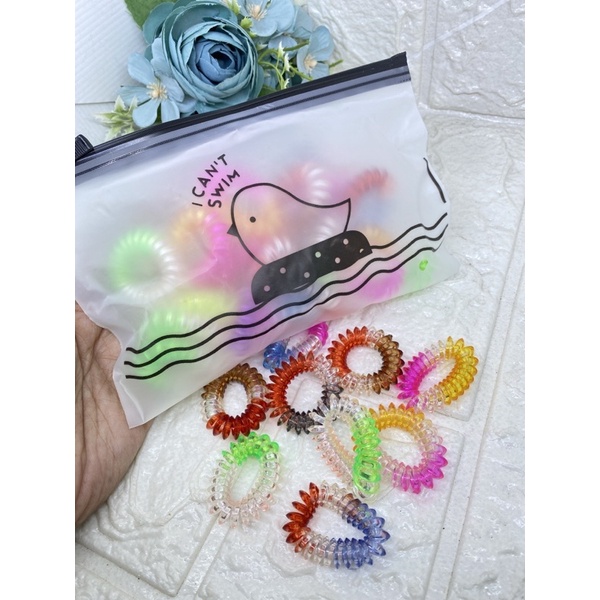 IKAT RAMBUT SPIRAL  (isi30pcs) KUNCIR KABEL TELEPON 4CM BERMOTIF KEMASAN ZIPPER GROSIR