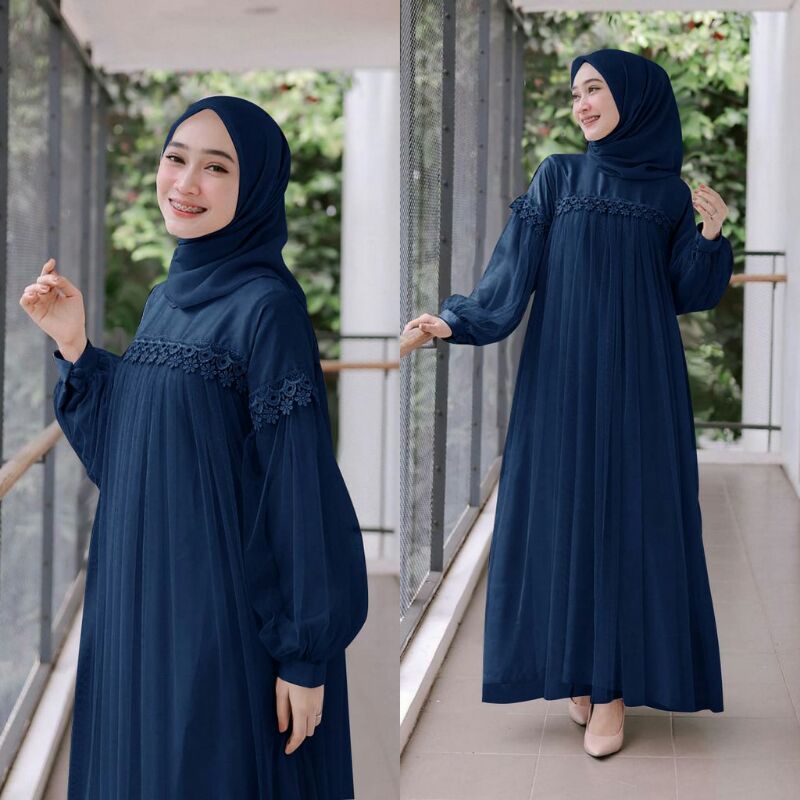 MAXI DRESS PANJANG NURAINI | GAMIS MUSLIM MURAH PEREMPUAN BROKAT TILE CANTIK RENDA IMPORT TERBARU