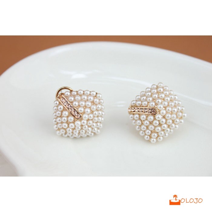 OLOJO Korea Fashion Wanita Stud Earrings Pearl Belah Anting Ketupat Kristal Berlian Imitasi Anting