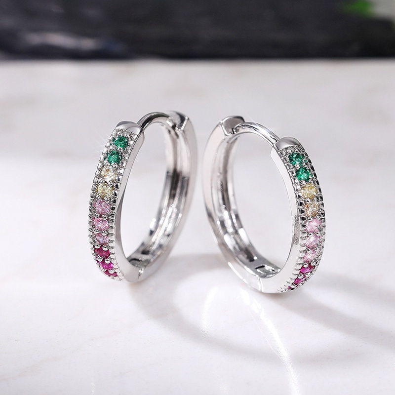 Bright Multi Color CZ Circle Earrings Hoops Silver Color Simple Stylish Women Earrings Wedding Engagement Party Jewelry