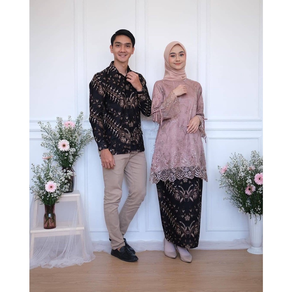 TERLARIS Maura Couple Termurah - Baju Batik Couple Arnia Rose | Tunik Brokat tulle berfuring Batik n