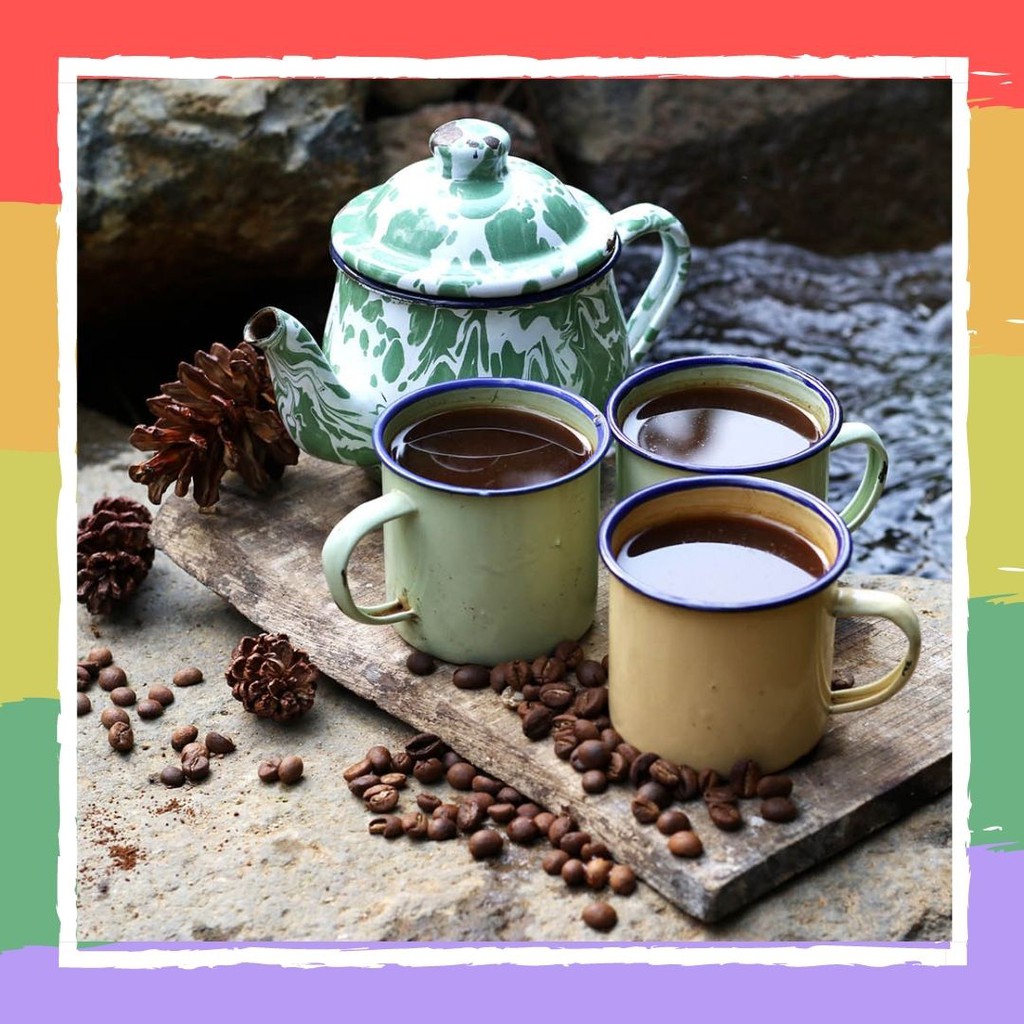 (Set) 1 teko Cebol Lurik Blirik + 3pcs Cangkir Kopi Polos Enamel Model Jadul / Kuno