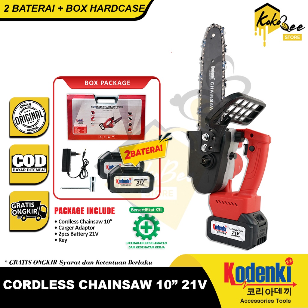 Gergaji listrik chainsaw cordless pohon kayu baterai kodenki 10" rantai batre 21V - Mesin senso bate