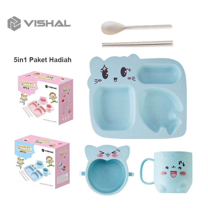 VISHAL Tempat Makan Set + Gelas + Mangkok / Tempat Sendok Garpu&amp;Amp Sumpit Piring Makan Anak Kartun