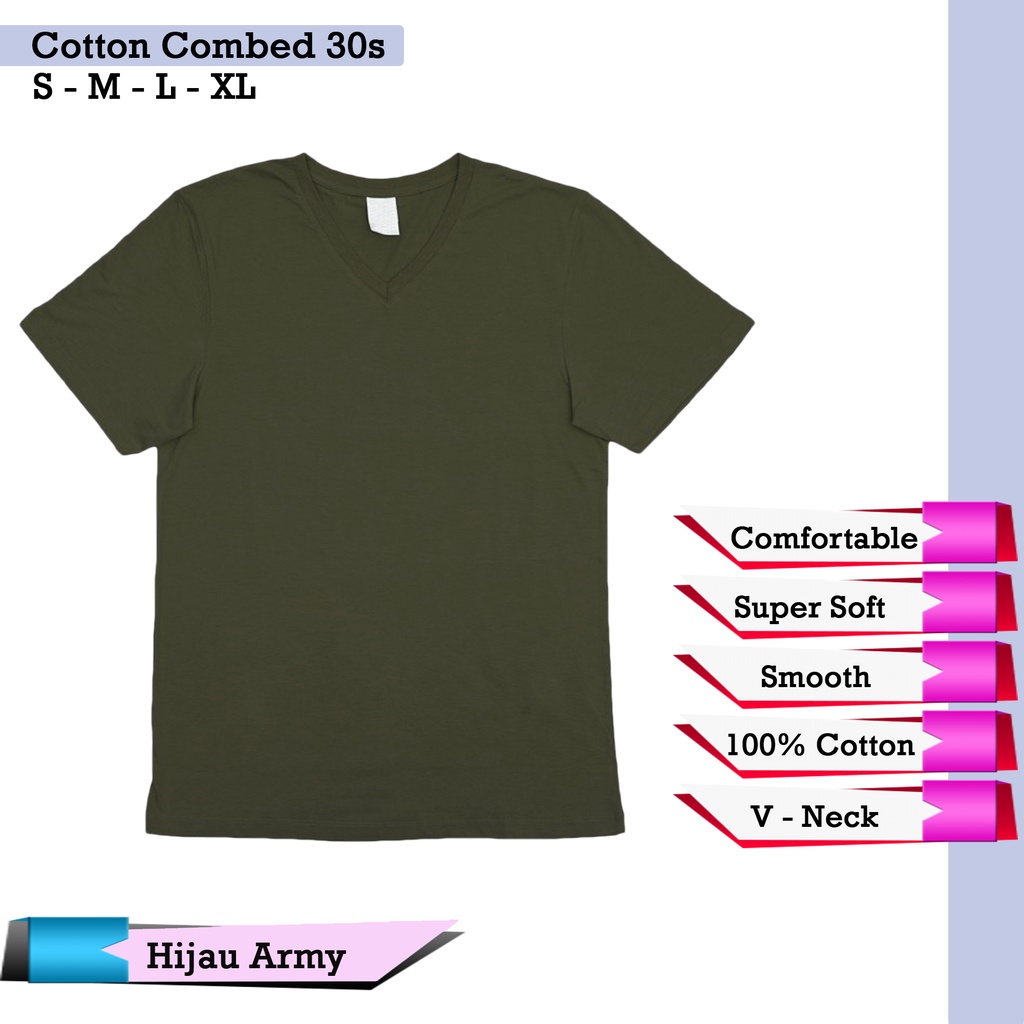 Kaos Polos | Kaos Pria - Kaos Wanita | [ V Neck - HIJAU ARMY ] Kaos Lengan Pendek - Kaos Combed 30s