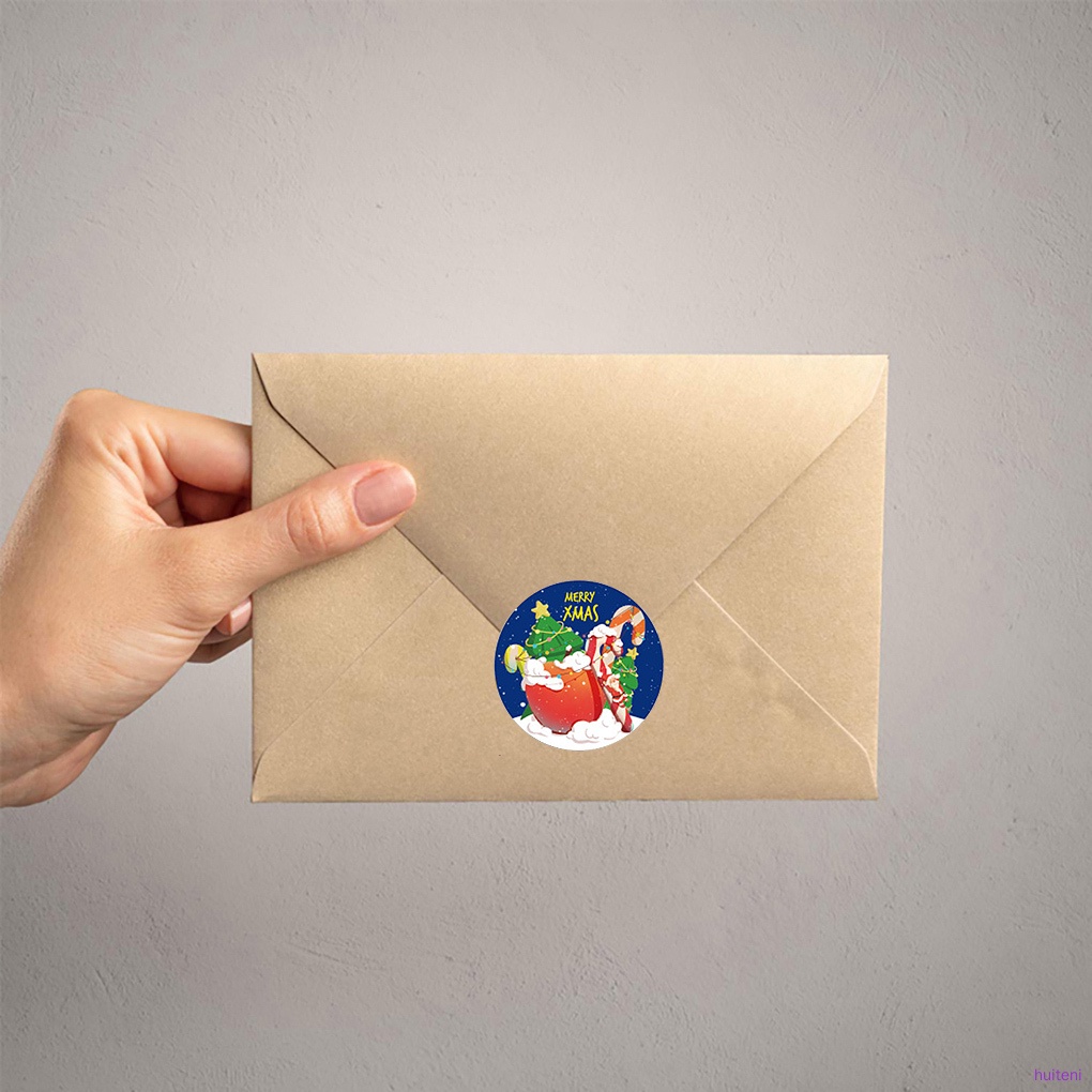 500pcs / Roll Stiker Kertas Motif Santa Claus Tema Natal Bentuk Bulat Untuk Kotak Hadiah