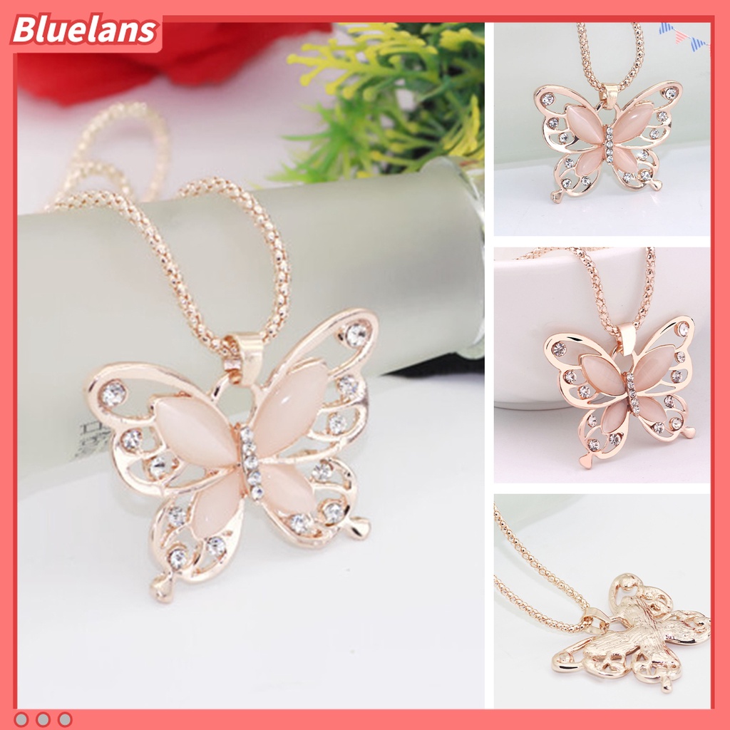 Bluelans Kalung Liontin Kupu-Kupu Warna Rose Gold Aksen Berlian Imitasi Untuk Wanita