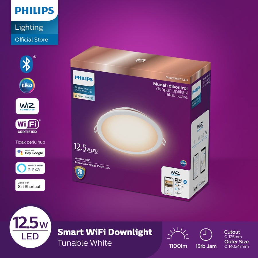 Lampu Philips Smart Wifi LED Downlight 12.5W - Tunable White (Putih) 12.5 Watt Panel Ib Bluetooth Hias Plafon Ceiling SNI Original Garansi Resmi Pintar WIZ app