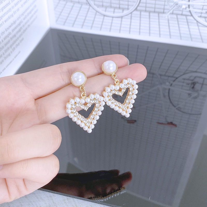 Baru sterling silver jarum Jepang dan Korea berbentuk hati penuh diamond pearl Grace stud anting-ant