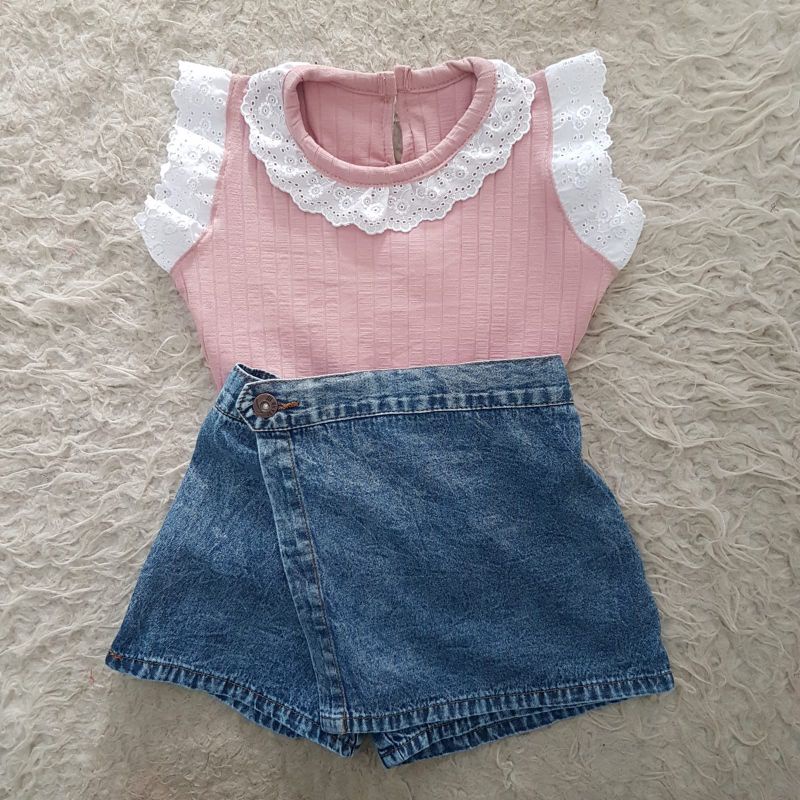 Baju Rok Jeans Anak setelan kaos rib skort jeans