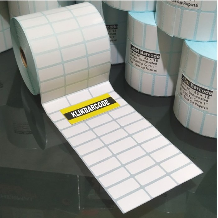 

STIKER LABEL BARCODE SEMICOATED 33 X 15 3 LINE GAP CORE 1" ISI 10.000 Pcs LABEL - BIru FO