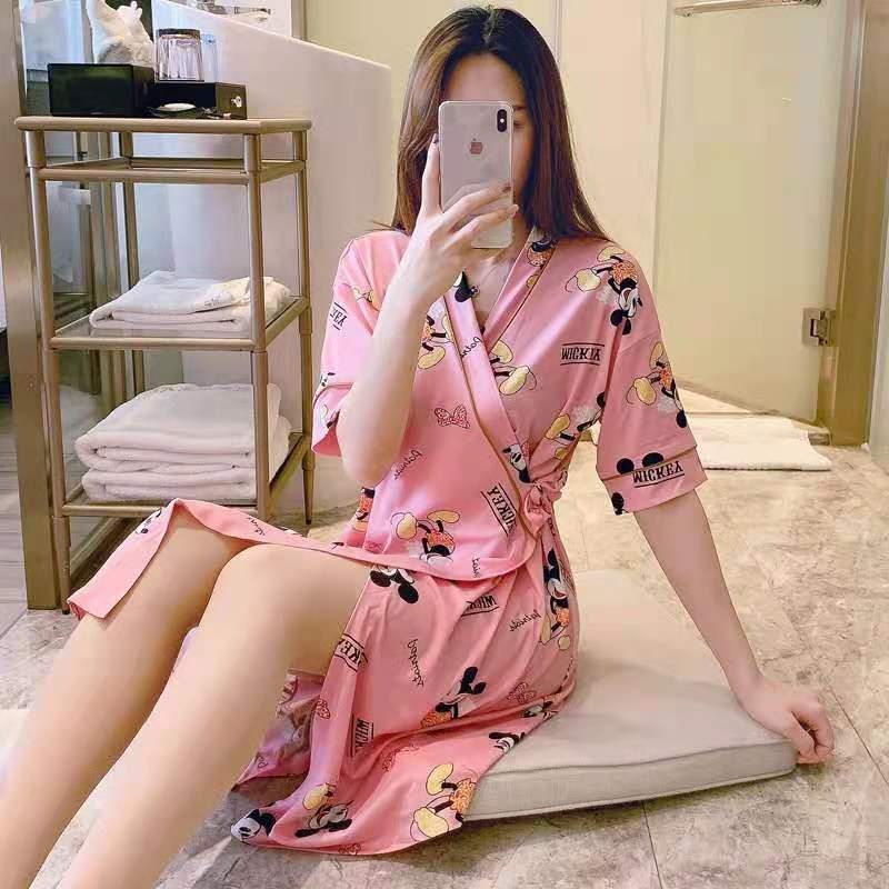 BAJU TIDUR DRESS MODEL KIMONO IMPORT PREMIUM BANYAK MOTIF-Mickey Pink