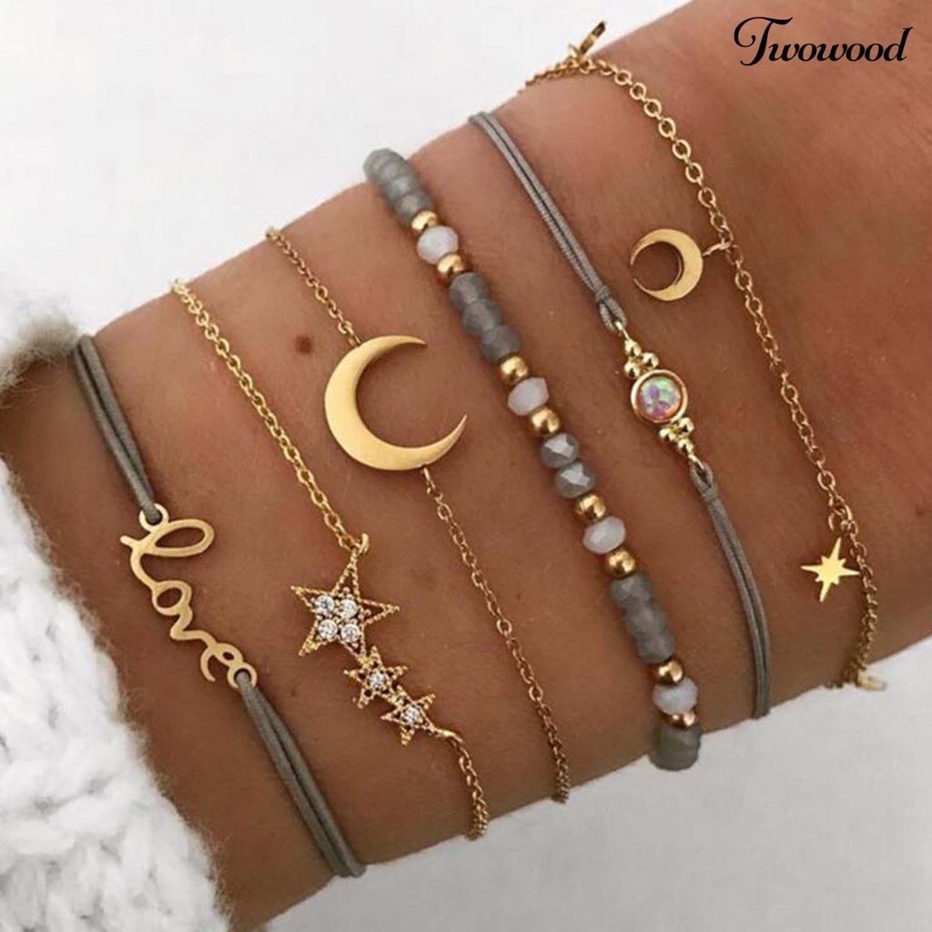 6pcs / Set Gelang Desain Bulan Hati Bahan Alloy Untuk Harian